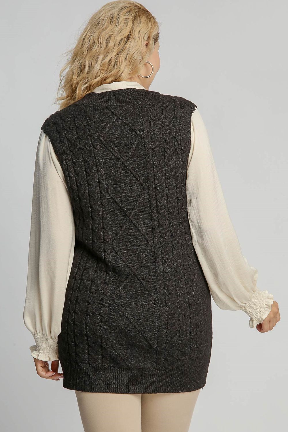 Umgee Full Size Cable V-Neck Vest Sweater Plus Size - Brittney MADE