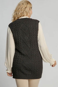 Umgee Full Size Cable V-Neck Vest Sweater Plus Size - Brittney MADE