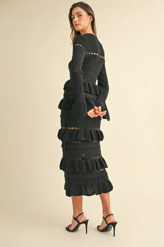 MABLE Long Sleeve Tiered Ruffle Knit Midi Dress - Brittney MADE