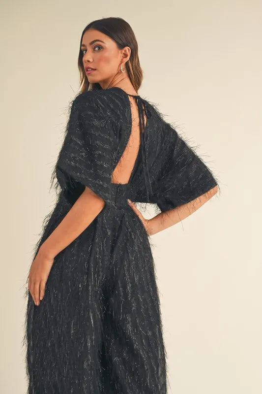 MABLE Fluffy Deep V Neck Wide Leg Jumpsuit - Brittney MADE