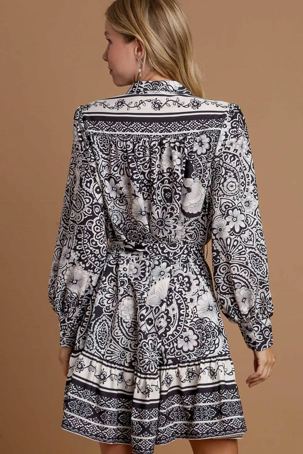 Umgee Full Size Two Tone Floral Border Print Tie Waist Mini Dress Plus Size - Brittney MADE