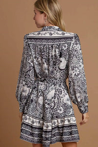 Umgee Full Size Two Tone Floral Border Print Tie Waist Mini Dress Plus Size - Brittney MADE
