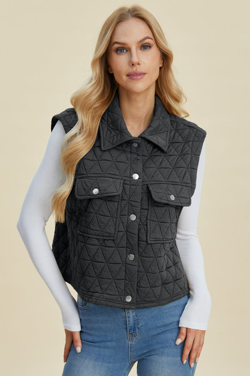 Double Take Full Size Pocketed Texture Snap Down Vest Coat - Brittney MADE