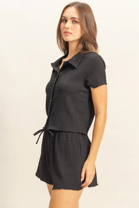 HYFVE Textured Short Sleeve Top and Drawstring Shorts Knit Set - Brittney MADE