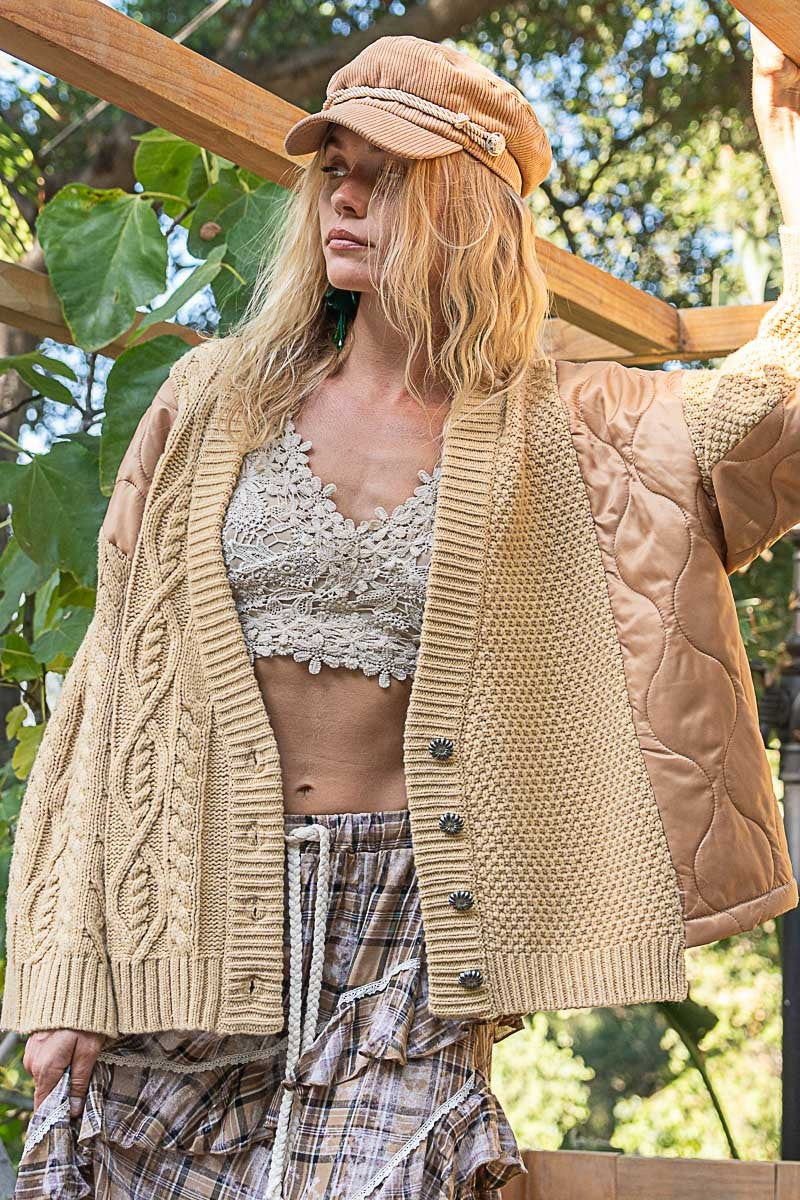 POL Quilting Patch Button Up Cable Knit Jacket - Brittney MADE