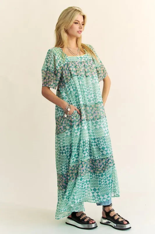 Davi & Dani Multi Floral Square Neck Puff Sleeve Maxi Dress - Brittney MADE