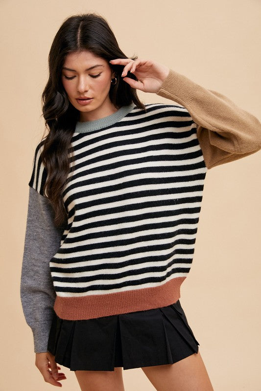 Annie Wear Striped Color Block Round Neck Sweater - Brittney MADE