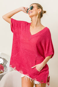 BiBi Distressed Hem V-Neck Slit Sweater - Brittney MADE