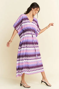 Davi & Dani Multi Color Wavy Tie Waist Flowy Sleeve Dress - Brittney MADE