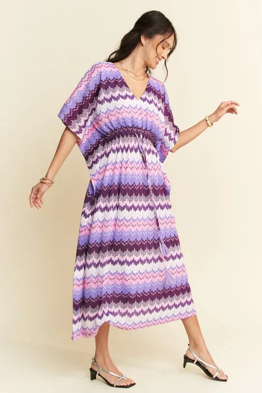 Davi & Dani Multi Color Wavy Tie Waist Flowy Sleeve Dress - Brittney MADE