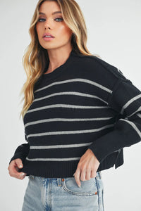 Aemi + Co Side Slit Striped Round Neck Knit Top - Brittney MADE