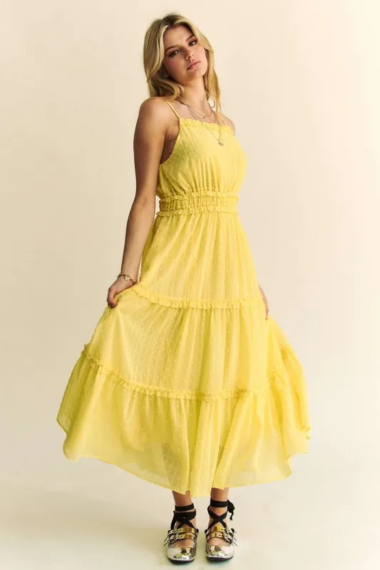 Davi & Dani Texture Swiss Dot Ruffle Square Neck Midi Dress - Brittney MADE