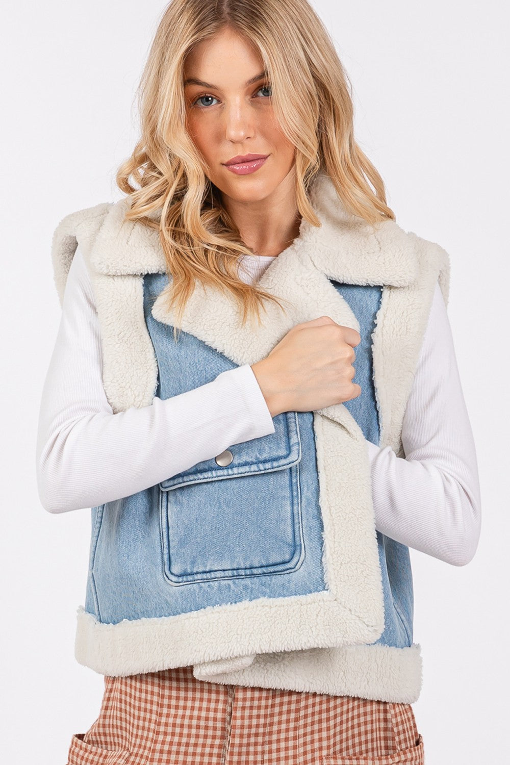 SAGE + FIG Pocketed Collared Neck Sherpa Vest - Brittney MADE