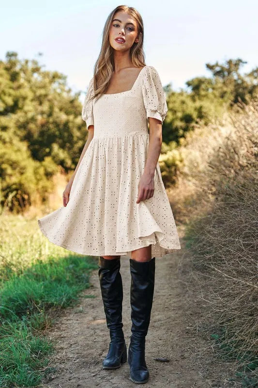 Davi & Dani Eyelet Baby Doll Romantic Square Neck Dress - Brittney MADE