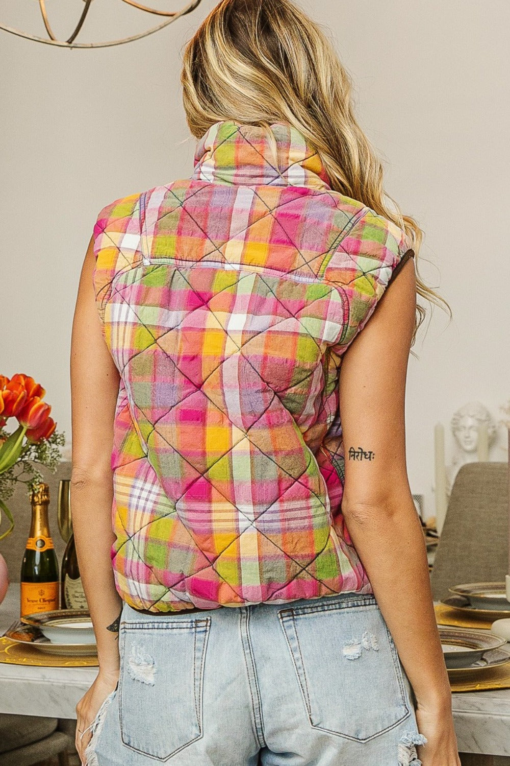 BiBi Quilted Washed Plaid Snap Down Vest - Brittney MADE