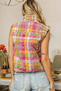 BiBi Quilted Washed Plaid Snap Down Vest - Brittney MADE