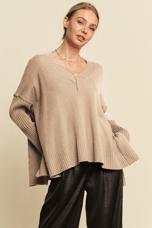 Davi & Dani Ribbed Side Slit V-Neck Sweater - Brittney MADE