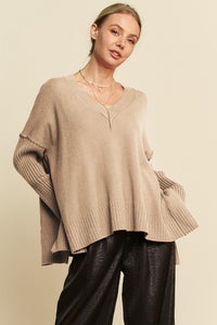 Davi & Dani Ribbed Side Slit V-Neck Sweater - Brittney MADE
