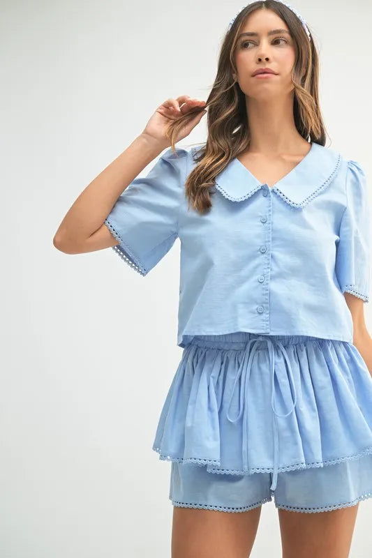 MABLE Collared Button Down Crop Top and Skort Set - Brittney MADE
