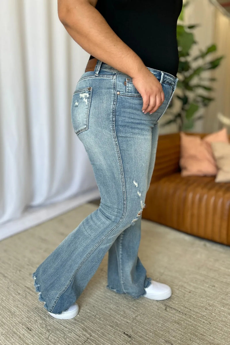 Judy Blue Full Size Medium Rise Tummy Control Destroy Flare - Brittney MADE
