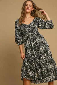 Umgee Ruffle Hem Flower Printed V-Neck Dress - Brittney MADE