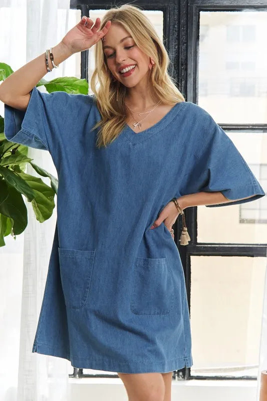 ADORA V-Neck Half Sleeve Mini Denim Dress - Brittney MADE