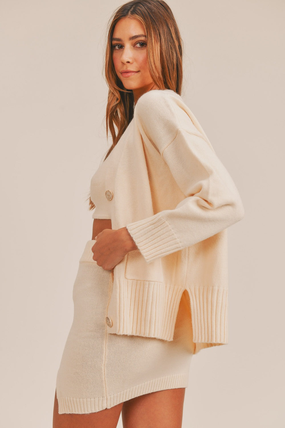 MABLE 3 Pieces Sweater Set with Crop Cami, Mini Skirt, Cardigan - Brittney MADE