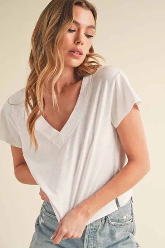 Aemi + Co Side Slit V-Neck Short Sleeve Cropped T-Shirt - Brittney MADE
