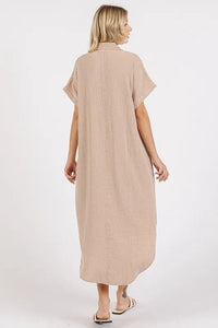 Mittoshop Mineral Wash V Neck Button Up Midi Shirt Dress - Brittney MADE