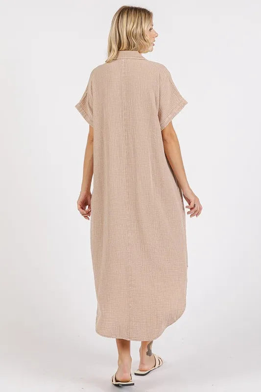 Mittoshop Mineral Wash V Neck Button Up Midi Shirt Dress - Brittney MADE
