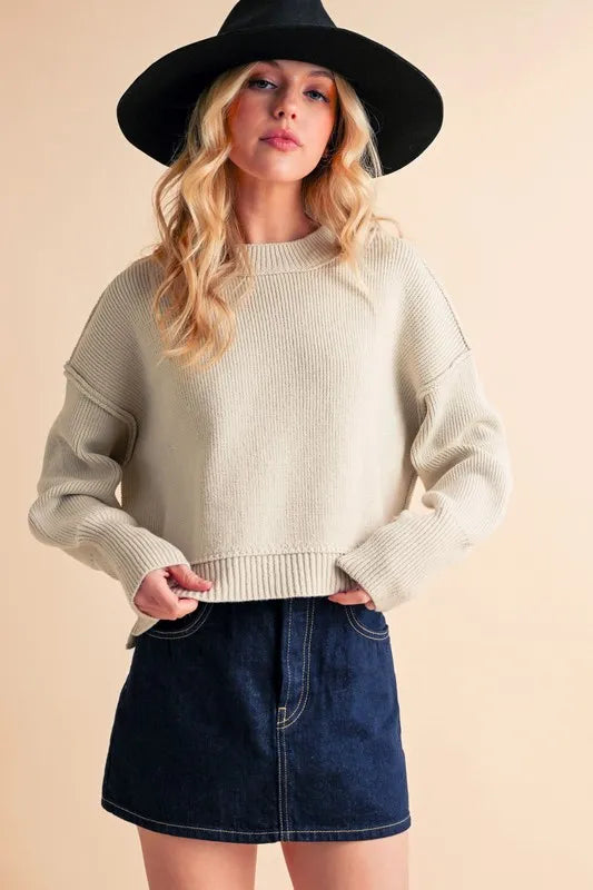 Aemi+Co Ribbed Hem Exposed Seam Round Neck Sweater - Brittney MADE