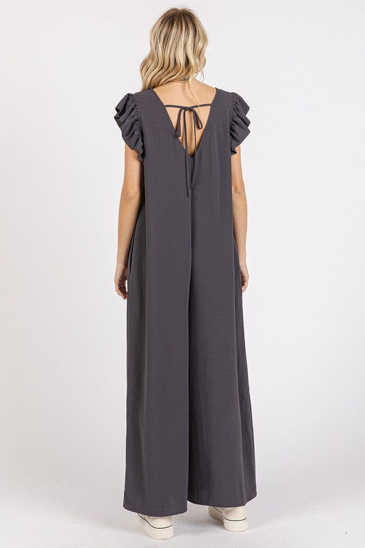 Mittoshop V-Neck Ruffled Cap Sleeve Wide Leg Jumpsuit - Brittney MADE