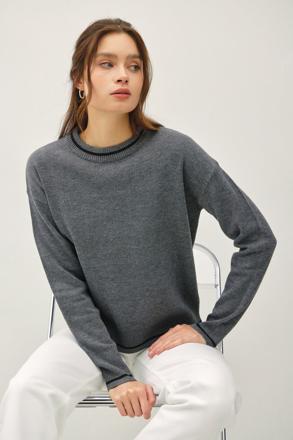 Be Cool Striped Trim Round Neck Long Sleeve Sweater - Brittney MADE