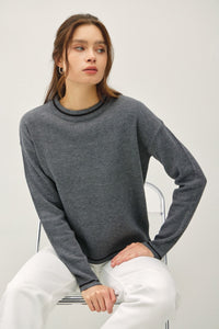 Be Cool Striped Trim Round Neck Long Sleeve Sweater - Brittney MADE