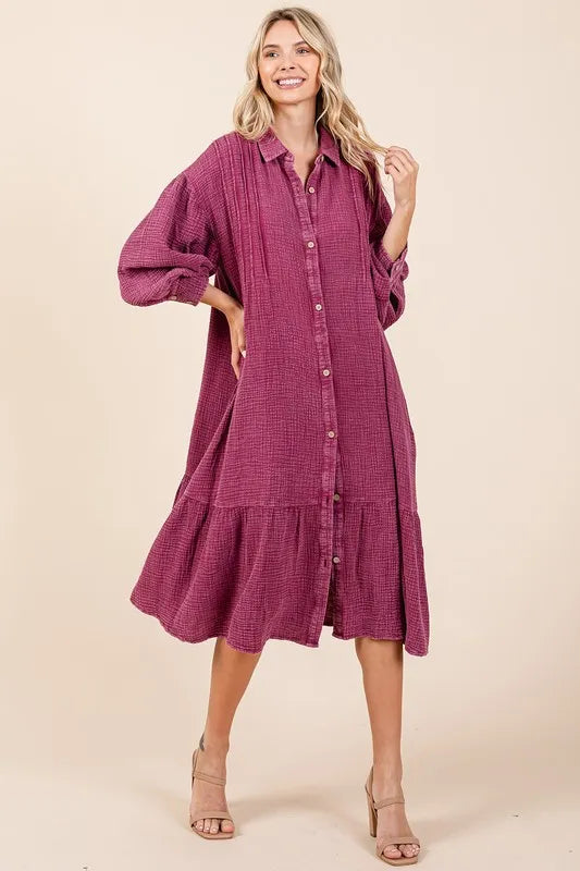 Mittoshop Mineral Wash Cotton Gauze Ruffle Midi Shirt Dress - Brittney MADE