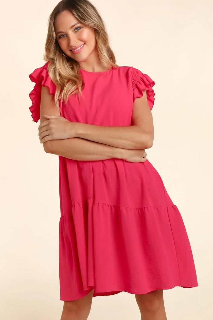 Haptics Full Size Smocking Ruffle Short Sleeve Dress with Pockets - Brittney MADE