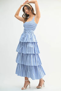 MABLE Pin Stripe Smocked Bodice Layered Midi Dress - Brittney MADE