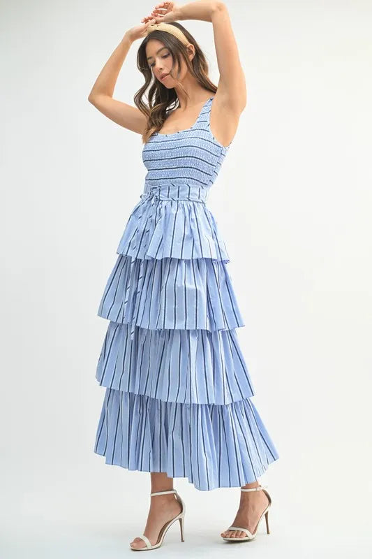 MABLE Pin Stripe Smocked Bodice Layered Midi Dress - Brittney MADE