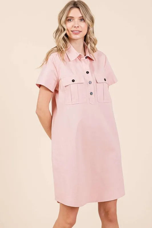 Mittoshop Button Detail Collared Neck Short Sleeve Shirt Dress - Brittney MADE