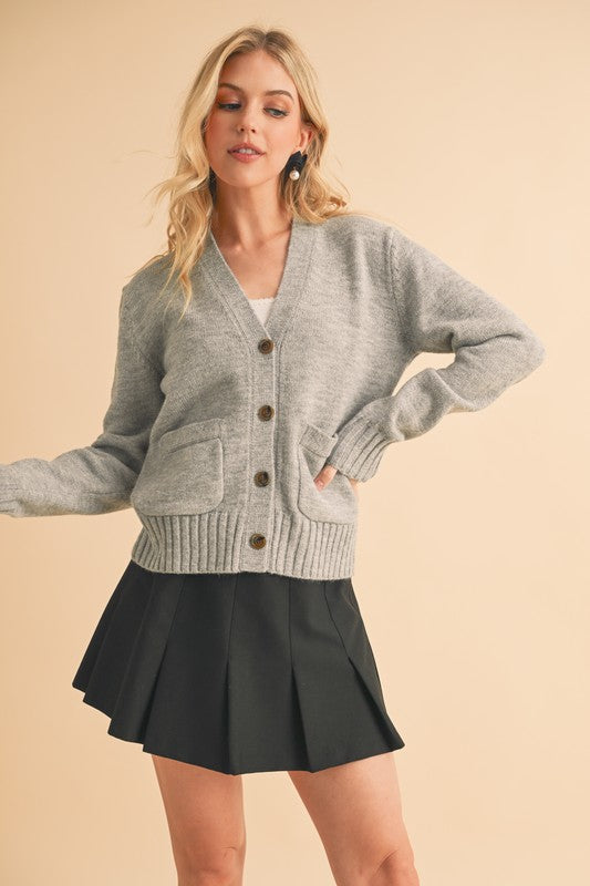 Aemi + Co Ribbed Hem Button Down V-Neck Cardigan - Brittney MADE