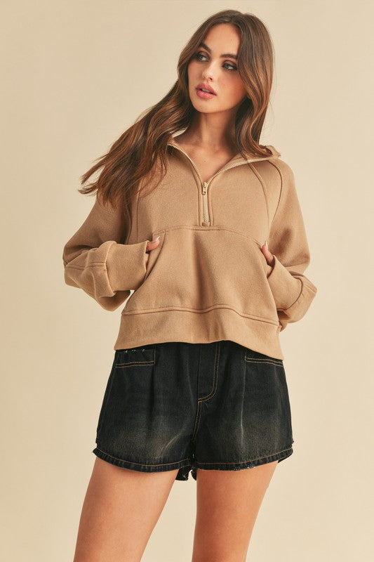 Aemi + Co Half Zip Raglan Sleeve Hoodie with Kangaroo Pocket - Brittney MADE