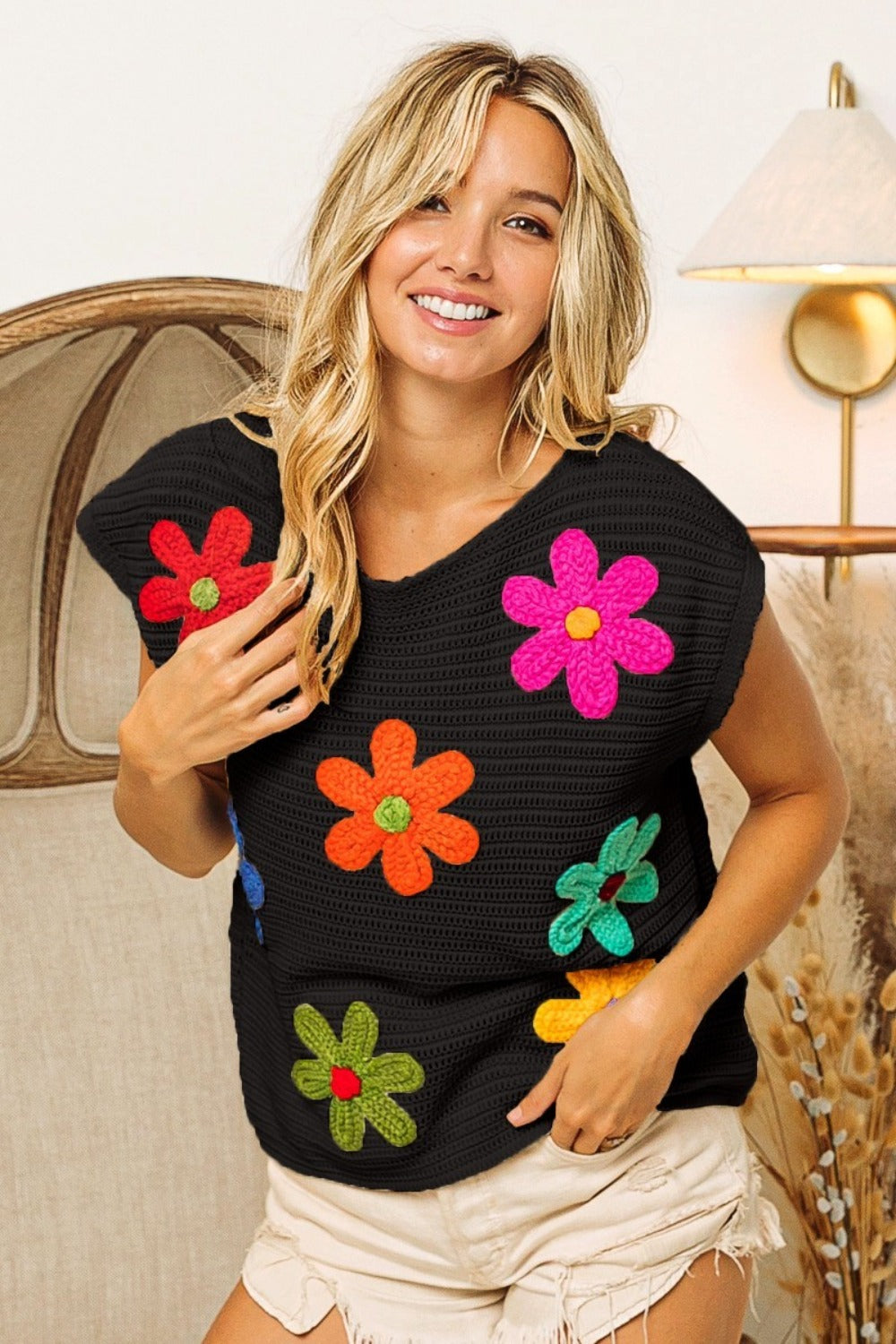 BiBi Flower Round Neck Cap Sleeve Knit Top - Brittney MADE
