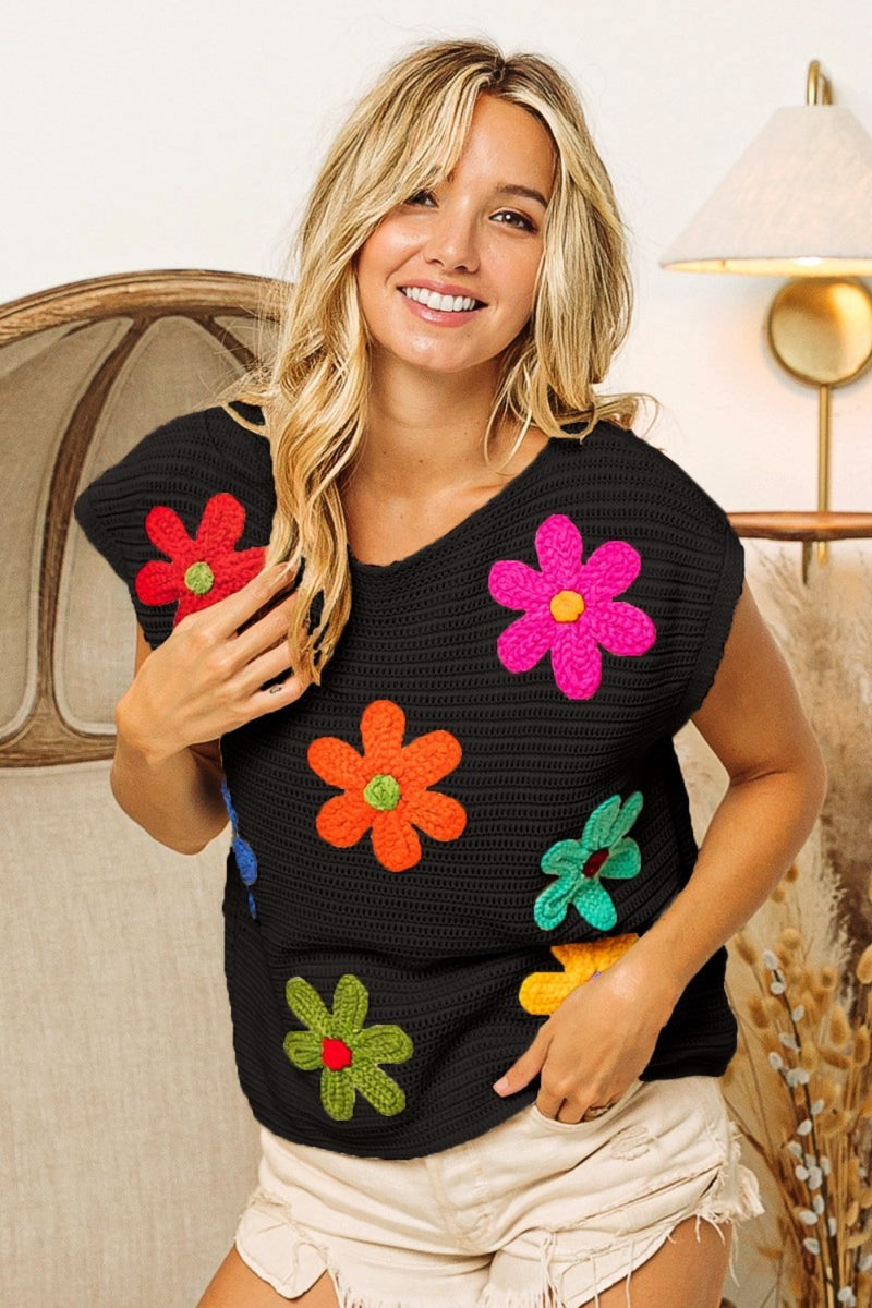 BiBi Flower Round Neck Cap Sleeve Knit Top - Brittney MADE