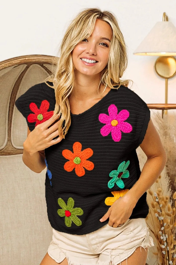 BiBi Flower Round Neck Cap Sleeve Knit Top - Brittney MADE