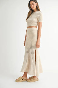 MABLE Pointelle Short Sleeve Crop Top and Slit Skirt Sweater Set - Brittney MADE