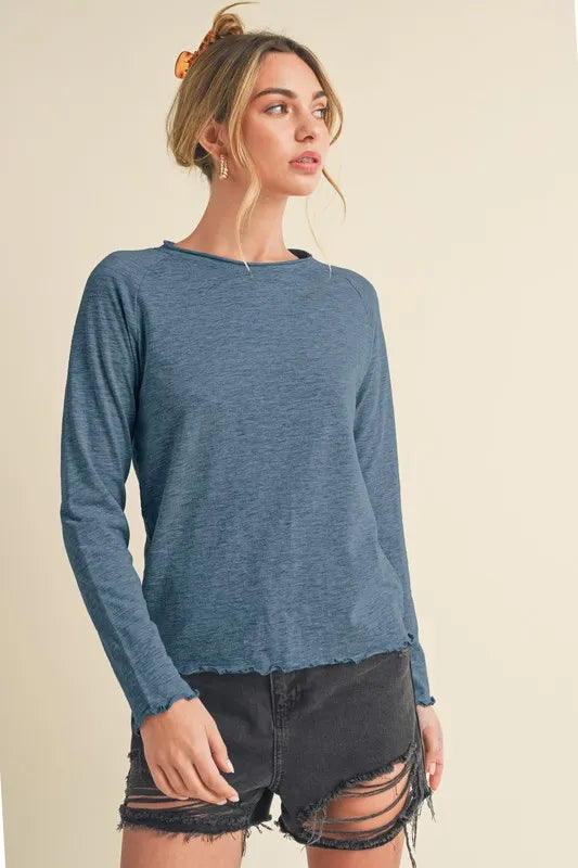 Aemi + Co Lettuce Hemline Round Neck Raglan Sleeve T-Shirt - Brittney MADE