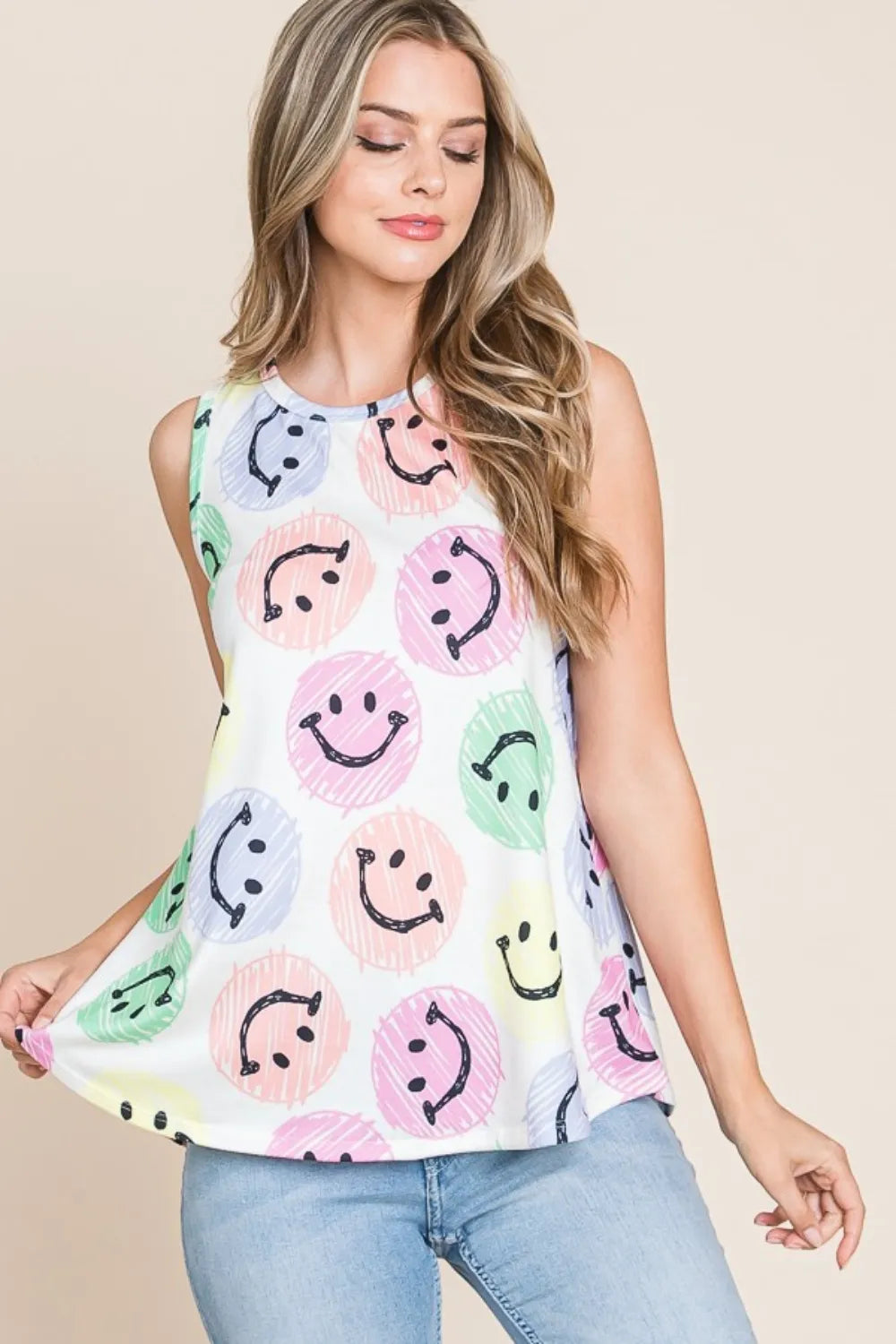 BOMBOM Smiley Face Round Neck Tank - Brittney MADE