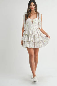 MABLE Floral Print Shoulder Tie Layered Mini Dress - Brittney MADE