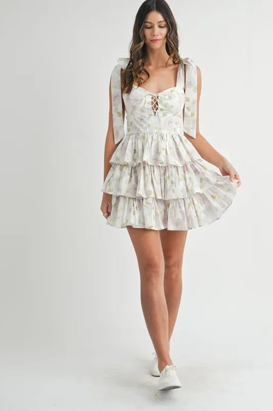 MABLE Floral Print Shoulder Tie Layered Mini Dress - Brittney MADE