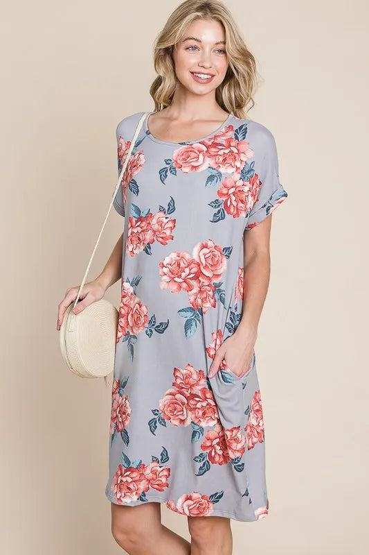 BOMBOM Floral Round Neck Short Tee Dress with Pockets - Brittney MADE